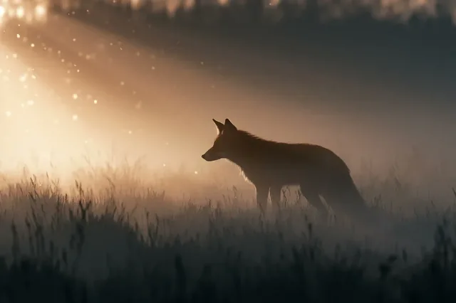 Volumetric light rays shining through dense fog, creating a mysterious and atmospheric scene with glowing particles.