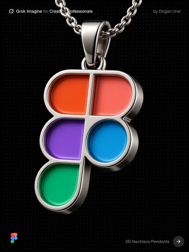 Highly realistic metal pendant of a logo, polished silver with colored enamel inlay, showing dimensional construction and subtle wear, on a silver chain against a black background.