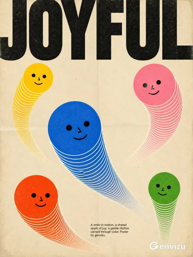 A retro screen print poster with a warm gray background, featuring five colorful geometric figures with round faces and white cylindrical trails. Large black text 'JOYFUL' is at the top.