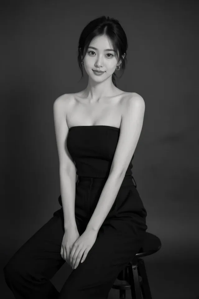 A young East Asian woman in a minimalist black outfit sits on a stool in a studio, looking confidently at the camera with a gentle smile. The black and white photograph features soft lighting and a shallow depth of field.