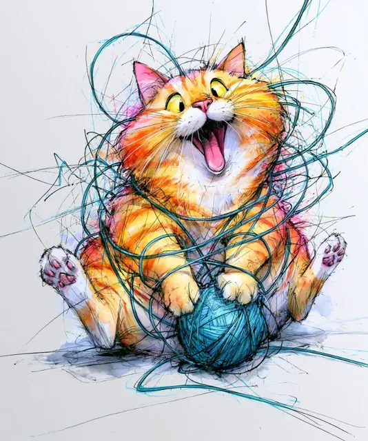 A plump orange tabby cat sitting with its legs splayed, looking surprised with its tongue out, tangled in teal yarn against a white background.