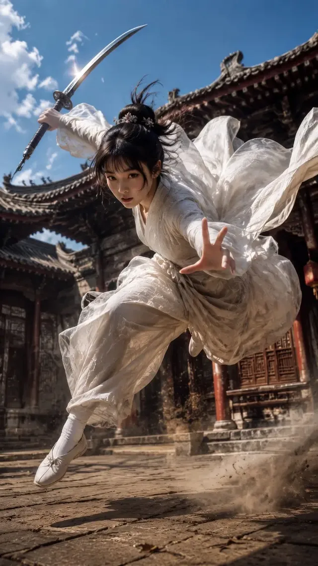 Ultra-realistic cinematic photo of a beautiful East Asian female swordswoman in white silk robes, mid-air leap in a traditional Chinese courtyard, sword raised, hair and robes flying.