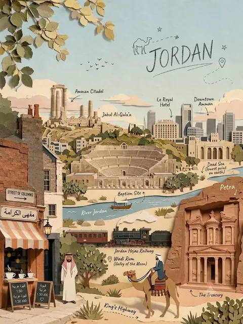 A detailed 3D travel illustration in layered papercraft style with iconic landmarks, local doodles, and hand-drawn labels.