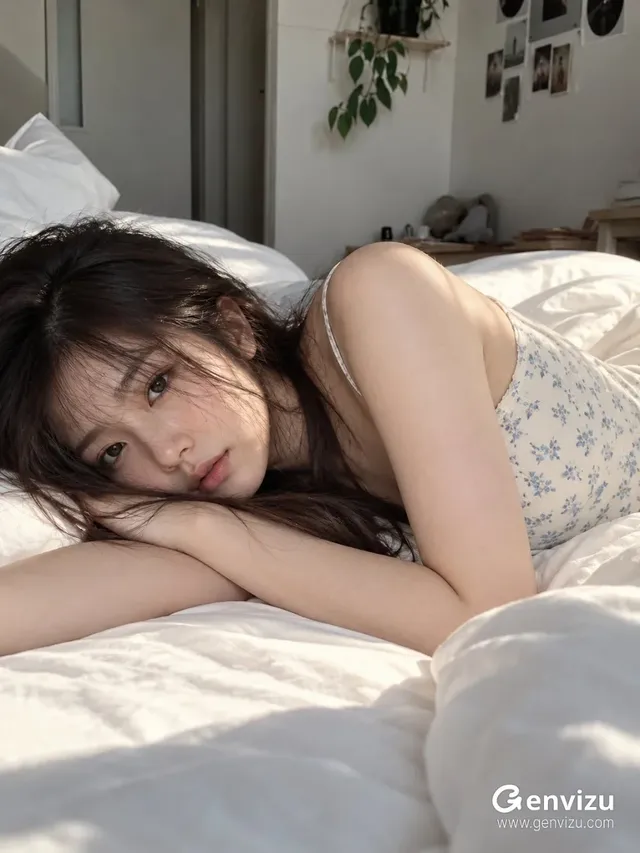 A photorealistic vertical portrait of an adult East Asian woman quietly reclining on a sunlit rumpled white bed in a modest bedroom.