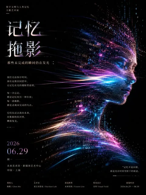 A vertical poster for a digital art exhibition, featuring a figure composed of data points and neon light streams against a dark background, with Chinese text elements.