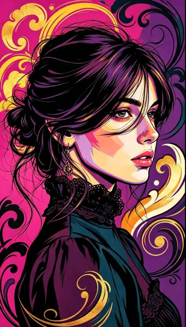 A dynamic pop art illustration featuring bold black outlines, swirling decorative linework, and flat color blocks in vibrant magenta, violet, teal, and golden yellow, creating a high-contrast, screen-print aesthetic.