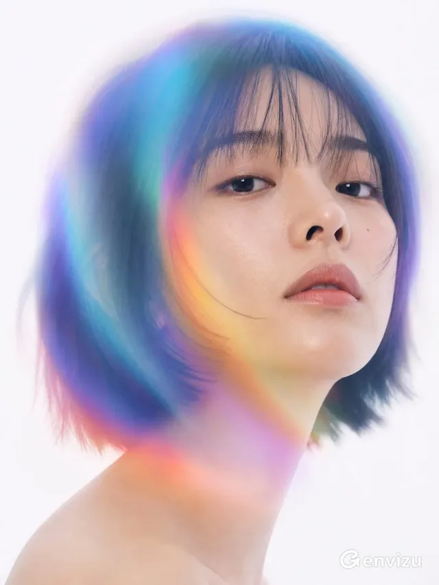 Close-up, head and shoulders portrait of an East Asian woman with a black bob haircut. Her face is partially obscured by a large, translucent, softly glowing iridescent veil with rainbow color gradients, creating a futuristic and artistic effect. Sharp focus on her eyes and hair, soft light, white background.
