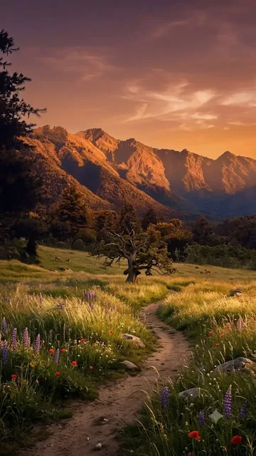 A scenic meadow with wildflowers and a dirt path leading towards jagged mountain peaks bathed in the warm light of a setting sun.