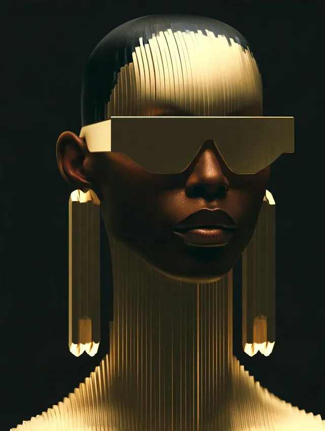 A person's face is covered by a complex, metallic sculpture with iridescent, rainbow-like reflections, rendered in a 3D style.