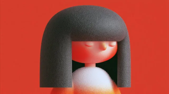A stylized 3D character with dark hair and a soft face, set against a red background.