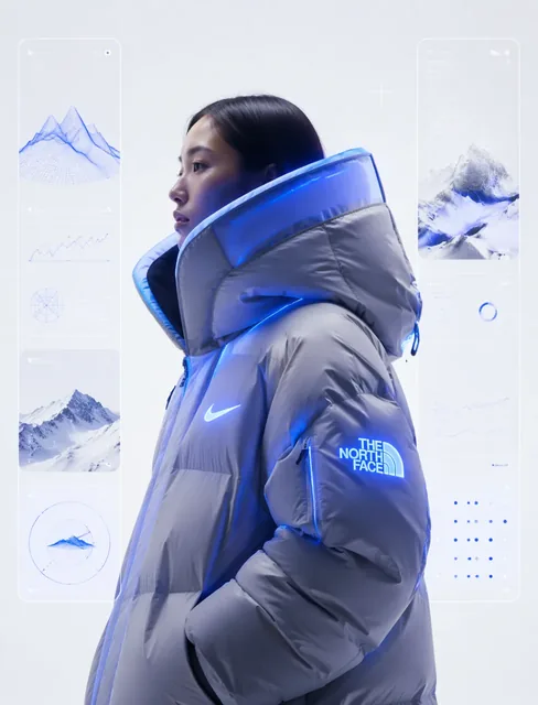 Editorial portrait of a model wearing an oversized, avant-garde puffer jacket with glowing Nike and The North Face branding, set against a futuristic UI background.