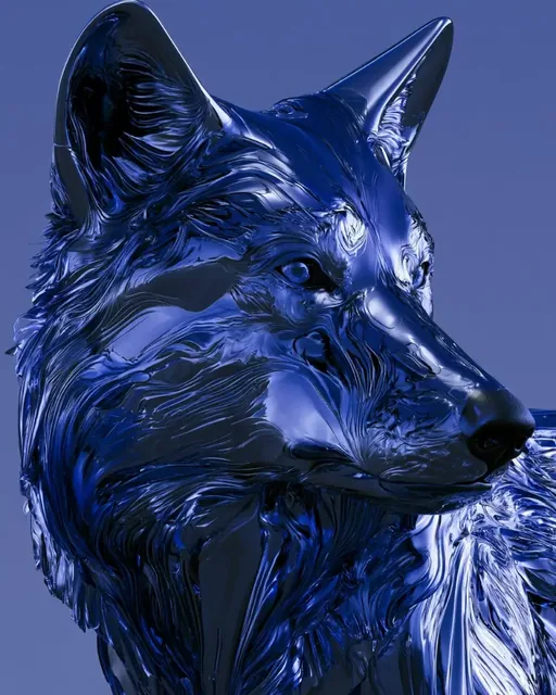 Monochromatic liquid metal portrait with rippling, reflective surfaces in shades of a single color, conveying fluidity and futuristic elegance.