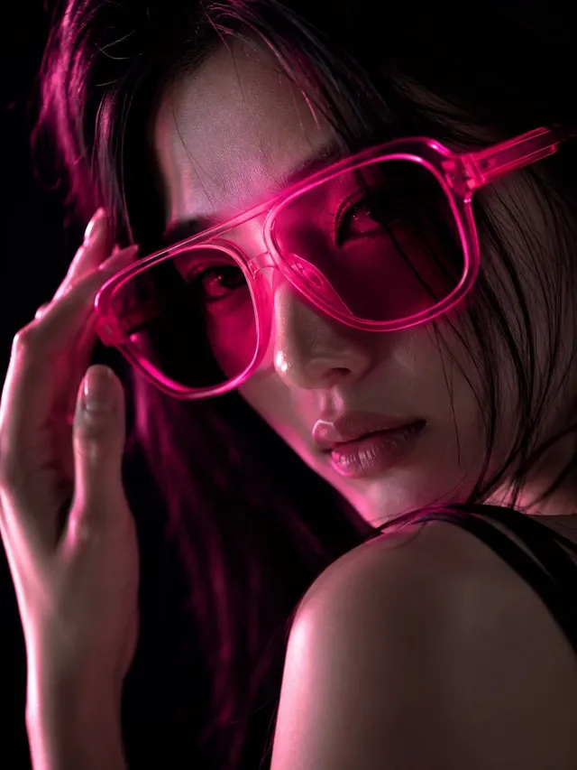 Ultra-photorealistic close-up of a woman's face, wearing neon pink sunglasses, with one eye sharply in focus, against a black background.