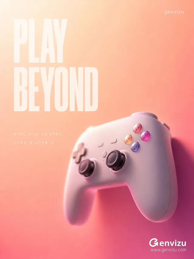 A modern, unbranded wireless gaming controller with a matte warm gray body, dark joysticks, and translucent colorful buttons, set against a soft, seamless gradient background transitioning from warm white to magenta, with subtle lighting and shadows.