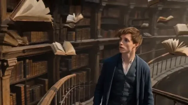A young archivist walks on a bridge in a vast, sunlit library floating among clouds, with books and glowing pages swirling around.