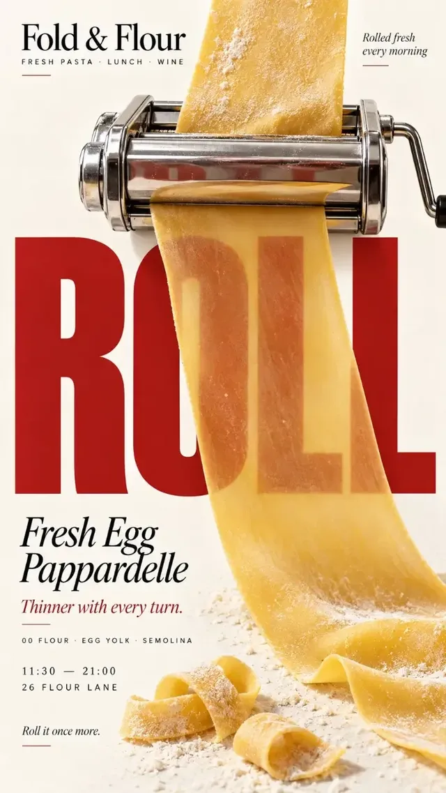 A vertical food editorial poster with a bold headline, realistic food interacting with typography through a physical process like absorption or thermal refraction, on a cream background.