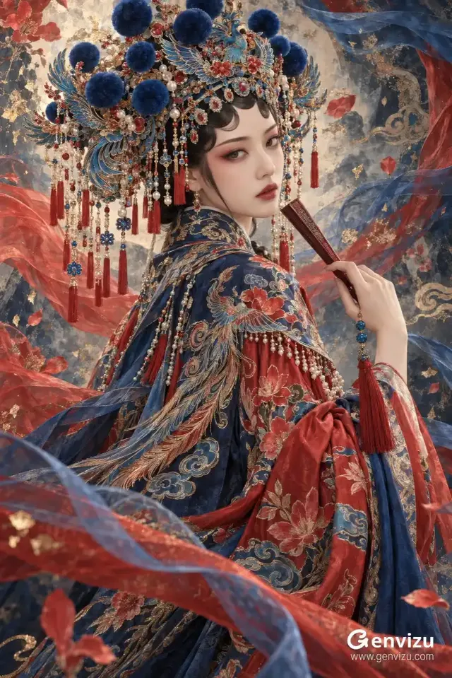 Vertical portrait of an East Asian woman in an ornate Cantonese opera costume and intricate phoenix headdress, holding a folding fan against an abstract painted background.
