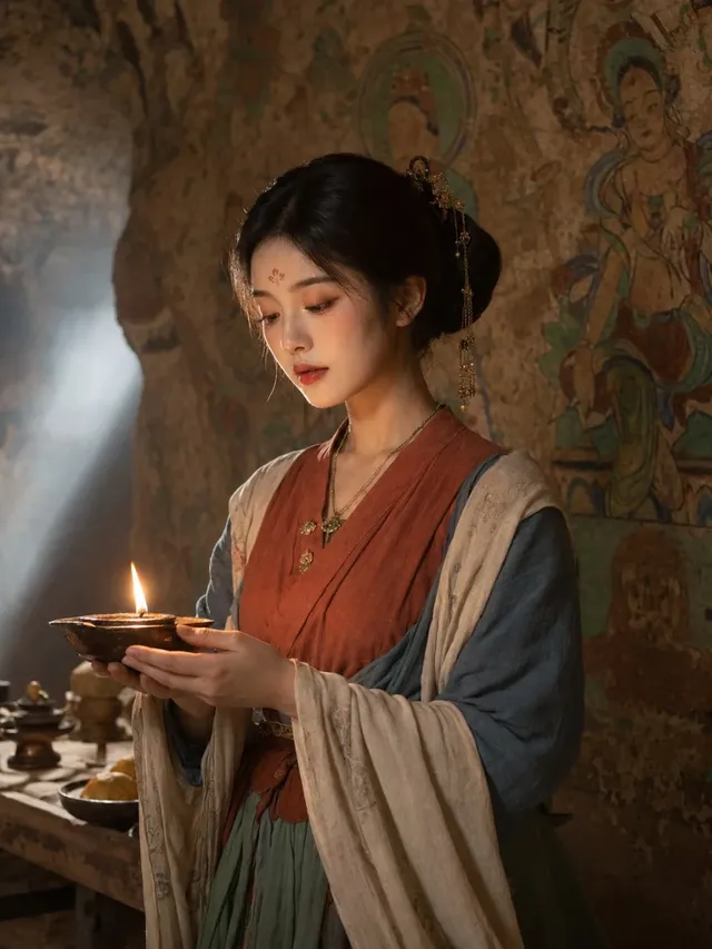 A young Korean woman with a serene expression, dressed in ancient Chinese clothing, holds a lit oil lamp in a Dunhuang cave. Dim natural light and warm lamplight illuminate her face and the intricate details of the cave and her attire.