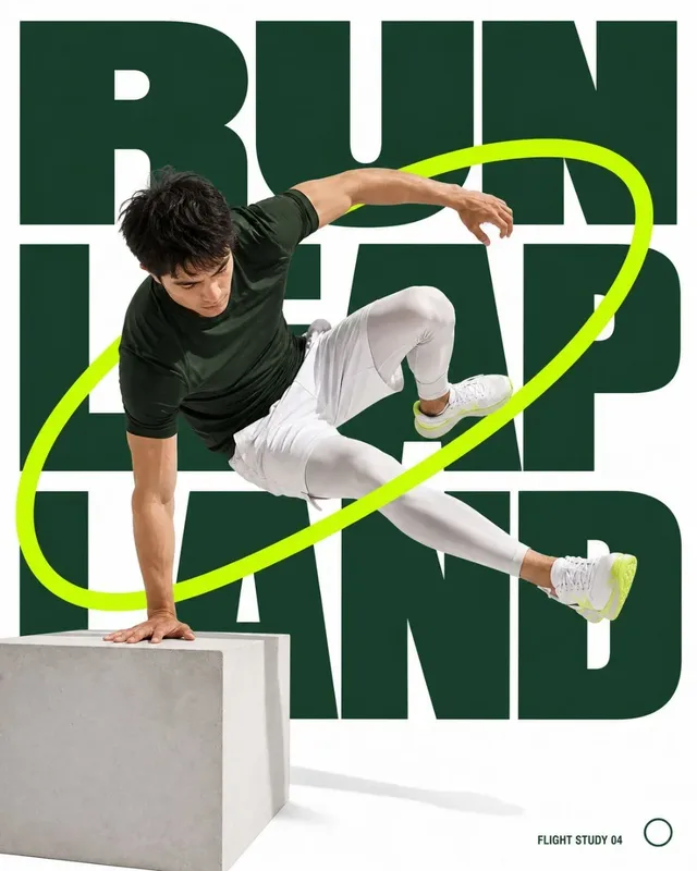 A BMX rider in mid-air, wearing a white helmet, forest green top, and charcoal pants, with their silver BMX bike angled and suspended. Minimalist design with green text and lime accents on a white background.