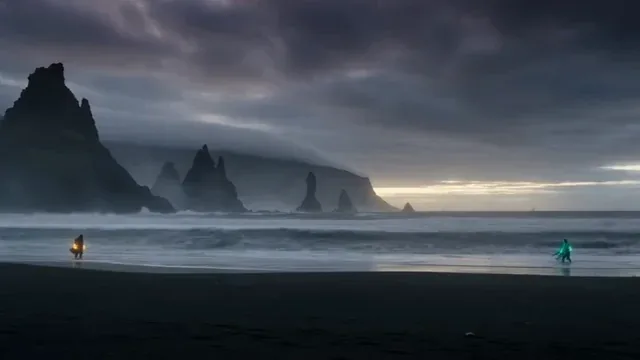 Two mages, Nerissa and Haldor, locked in a magical duel on a dark, storm-lit beach with crashing waves and lightning.