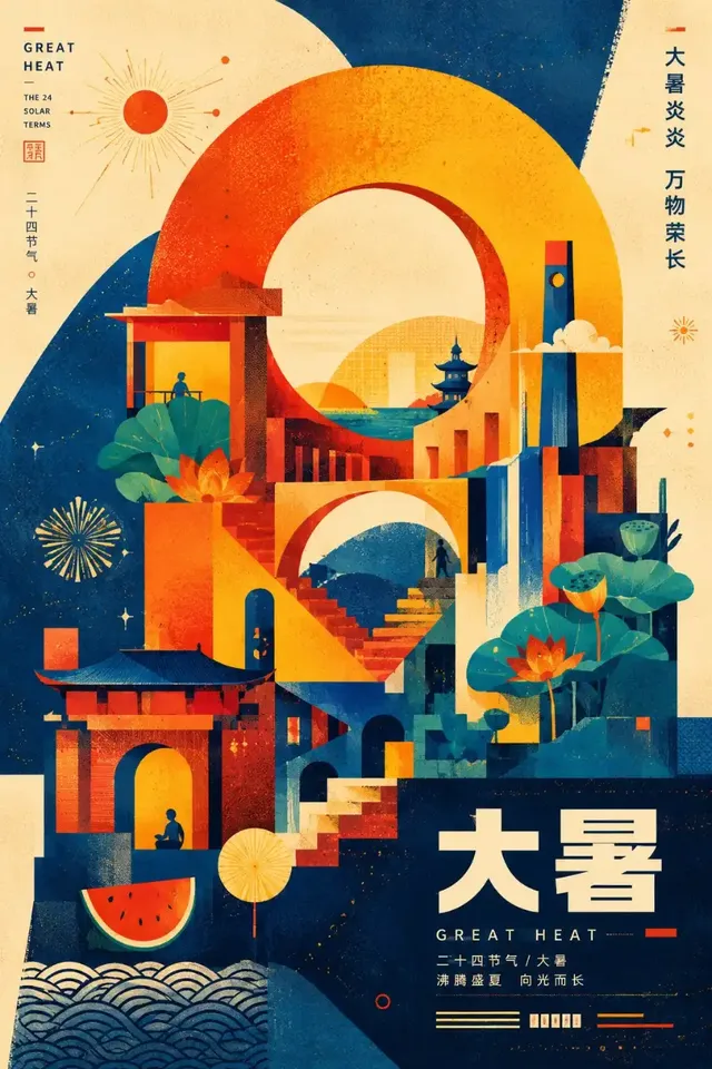 Vertical modernist poster with a large, abstract geometric shape dominating the center, composed of architectural elements and thematic symbols in a limited color palette with halftone textures.