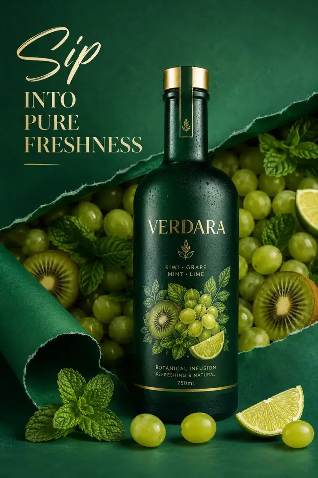 Luxury Verdara matte emerald green glass bottle with brushed gold cap, revealed against torn paper showing fresh grapes, kiwi, mint, and lime. Elegant typography "Sip Into Pure Freshness" adds sophistication.