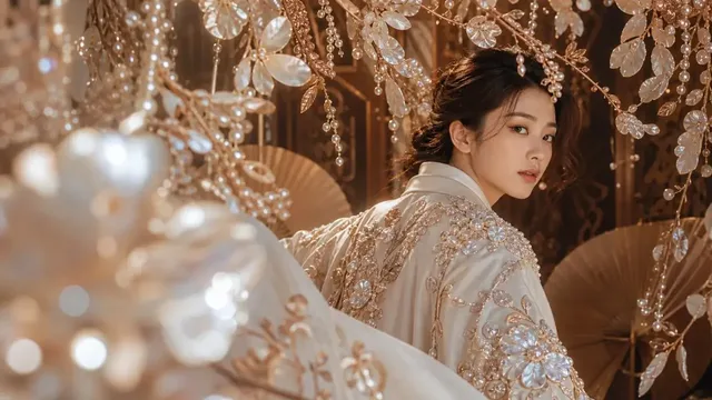 Close-up of a young East Asian woman turning her head over her shoulder, eyes just meeting the camera, with a shallow depth of field and blurred ornate background.