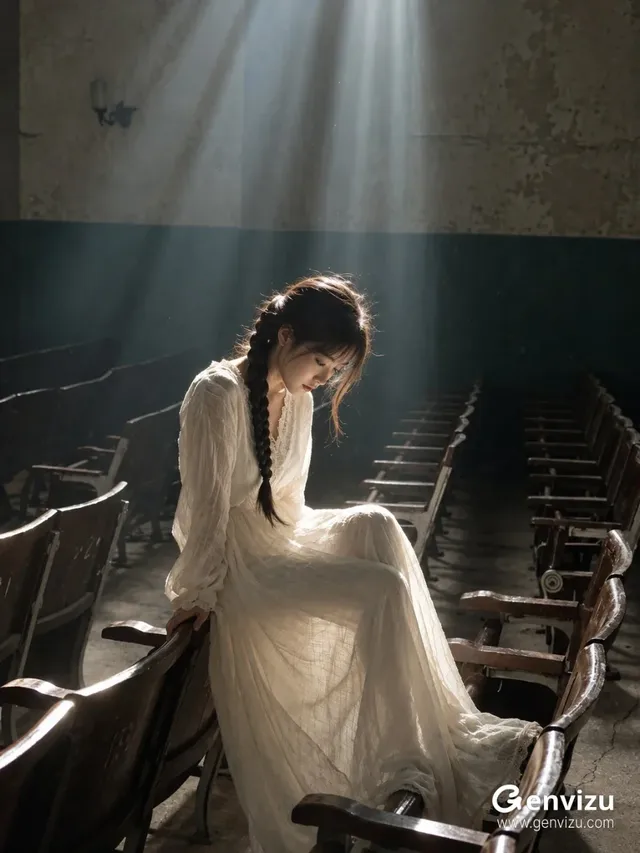 Cinematic vertical portrait of a young East Asian woman sitting contemplatively in a sunlit abandoned auditorium with worn wooden seats.
