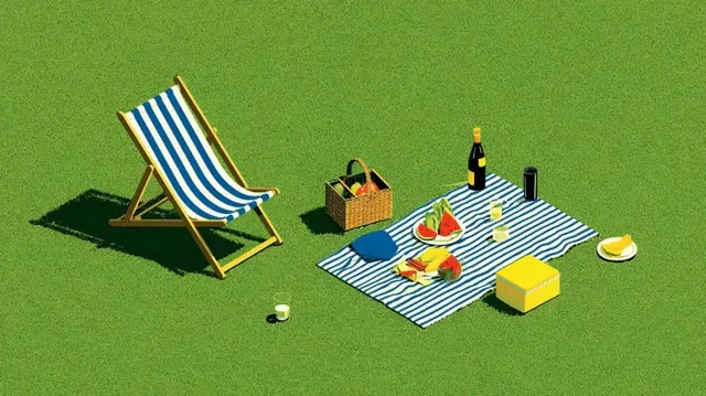 A retro isometric illustration of a picnic scene with a deck chair, picnic blanket, basket, food, and drinks on a green lawn.