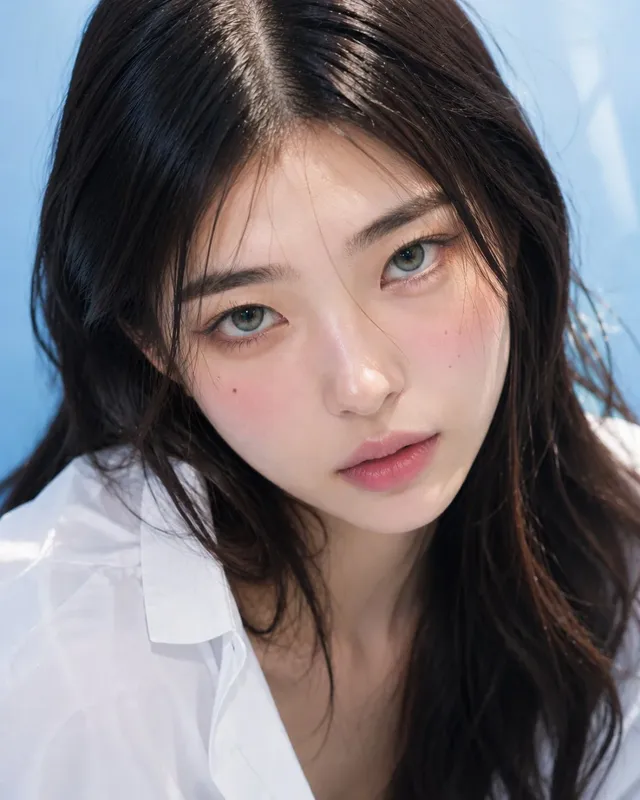 High-angle close-up of a woman's face from forehead to collarbone. She has long dark hair, light green eyes with catchlights, realistic skin texture, and muted pink lips. Soft overhead lighting creates natural highlights and shadows. Pale blue background with a white collar entering from the left.