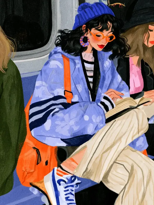 Portrait of a person with striking blue eyes and red lips, looking down, partially obscured by a striped fabric in blue and orange, with other faces subtly visible in the background.