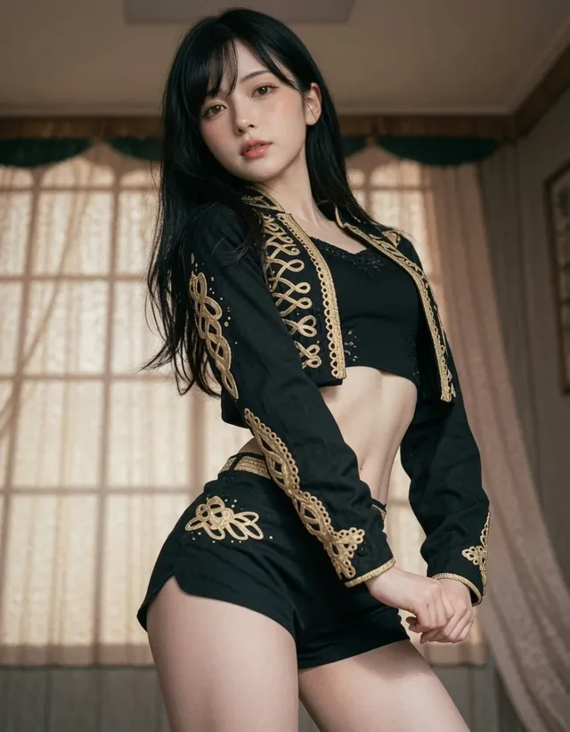 Hyper-realistic 8K photograph of a young East Asian woman with long black hair, wearing an embroidered jacket and shorts, looking over her shoulder in a sunlit room with volumetric light rays.