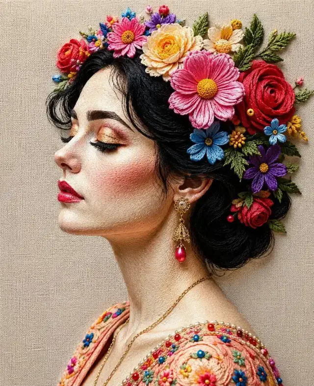 Ultra-realistic 3D embroidery portrait of a woman's profile, eyes closed, wearing an elaborate floral crown of roses and peonies on a linen background.