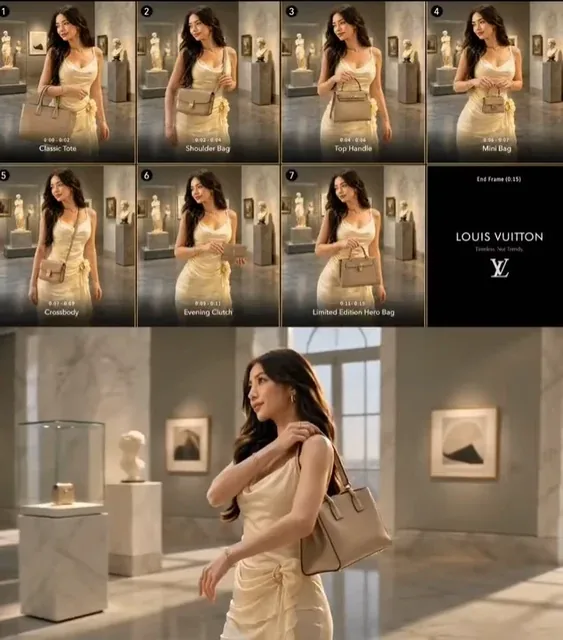 A woman in a luxury boutique confidently transforms a designer handbag through seven different styles, from tote to clutch, with each change highlighting its unique design.