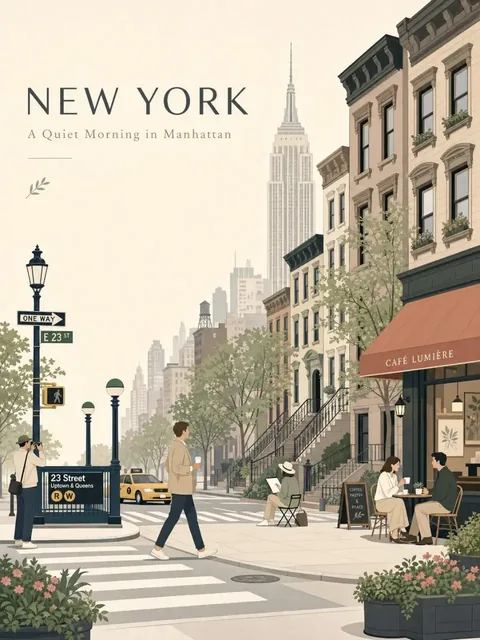 Elegant flat-vector travel poster of a city with large typography space, iconic landmark, café, and people.