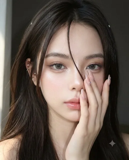 Extreme beauty close-up of a woman's face, eyes and lips visible, hand partially covering lower face, soft vintage digital camera effect.