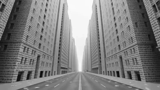 A vast monochrome city where words peel off buildings and form weather phenomena like clouds, rain, and lightning.