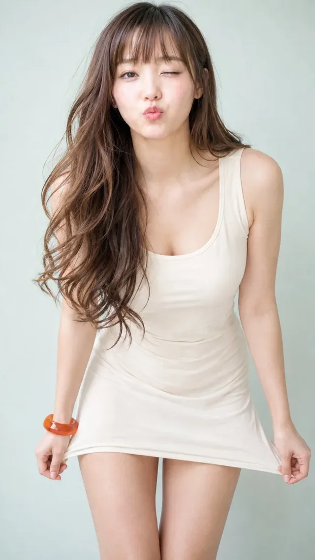 A young woman with long, wavy brown hair, slightly leaning forward, gives a playful wink and puckered lips towards the camera, holding the hem of her ivory dress. She wears a translucent orange bangle.