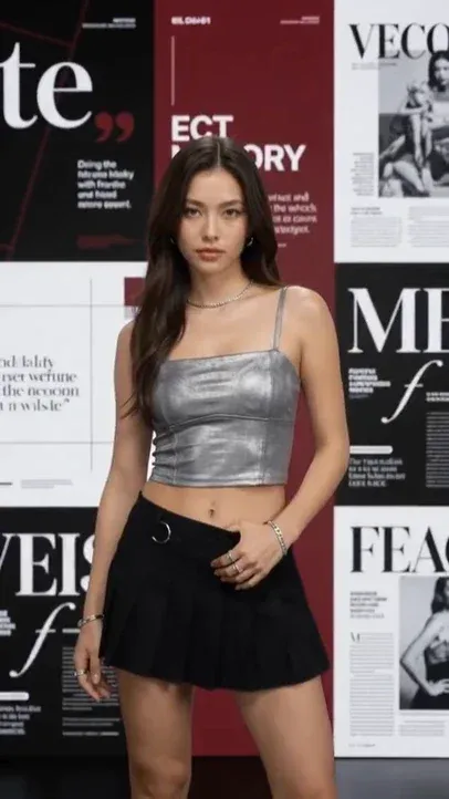 A woman in a metallic silver top and black skirt poses confidently against a dynamic black, white, and red graphic magazine background, showcasing a Y2K fashion editorial style.