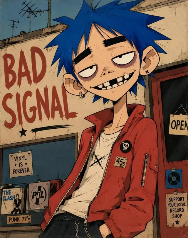 A stylized character illustration with thick black outlines, flat colors, and a unique facial expression, set against a simple graphic background with text.