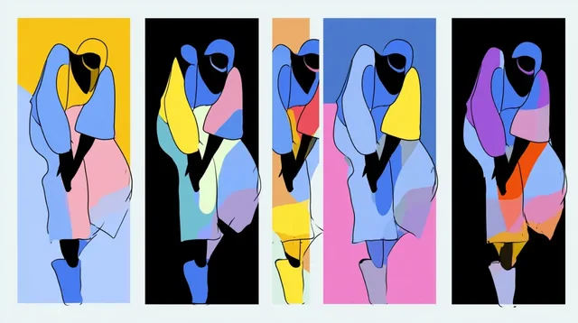 Character illustration with bold geometric shapes, flat color blocking, and playful asymmetry in a contemporary graphic style.