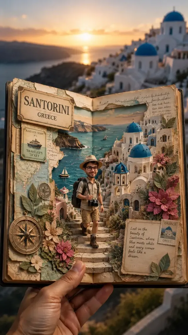 Hyper-realistic vertical photograph of an open vintage leather travel journal. The pages are a 3D papercraft diorama of a destination's landscape, featuring a tiny explorer. A hand holds the journal, which blends into a blurred background of the actual location.
