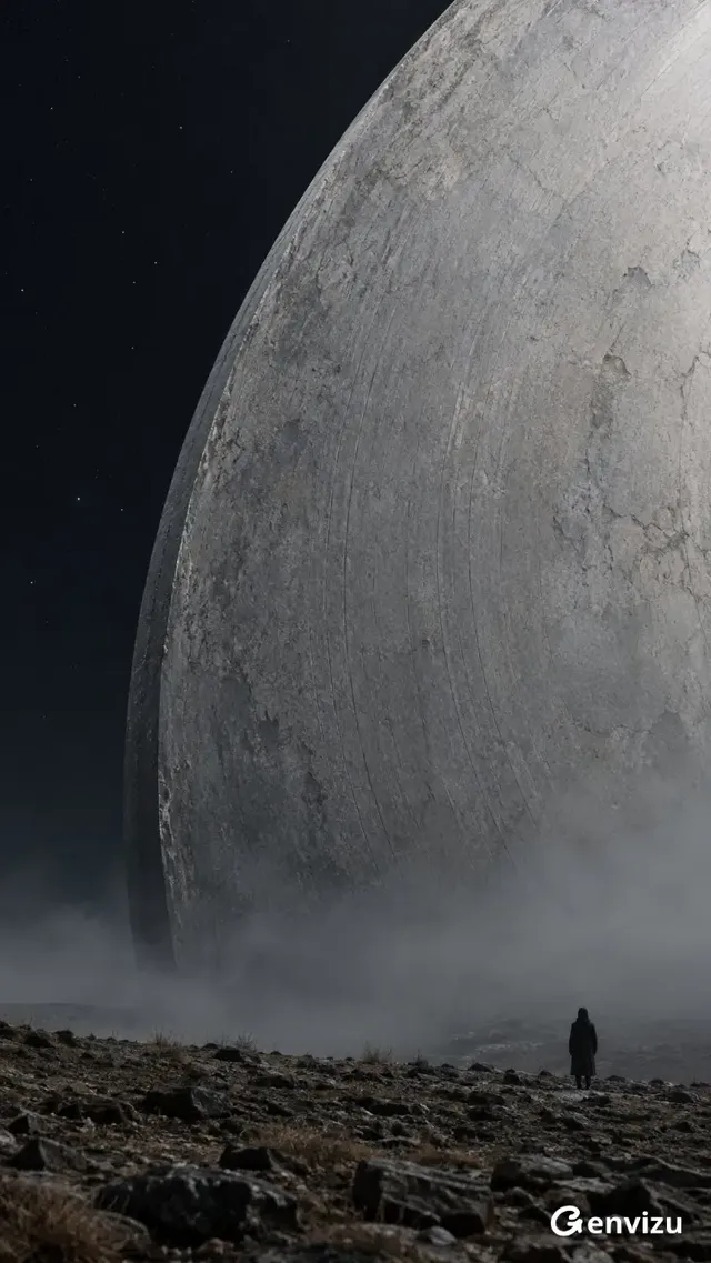A massive, light gray stone disc, tilted and mostly out of frame, dominates the right side of a minimalist surrealist night scene. A lone figure stands in the lower right foreground.