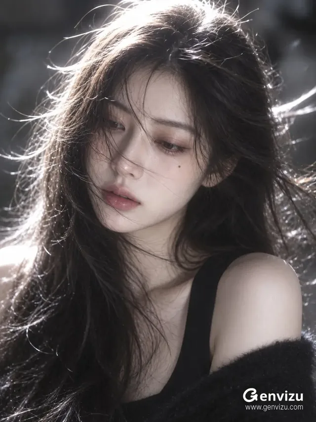 Close-up portrait of a person with backlit hair and downcast eyes, wearing black knitwear in soft lighting.