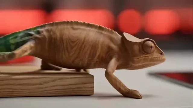 A hyperrealistic chameleon transitions from architectural materials to a photorealistic luxury villa at dusk, shown as it walks across a monitor displaying a blueprint that morphs into the villa.