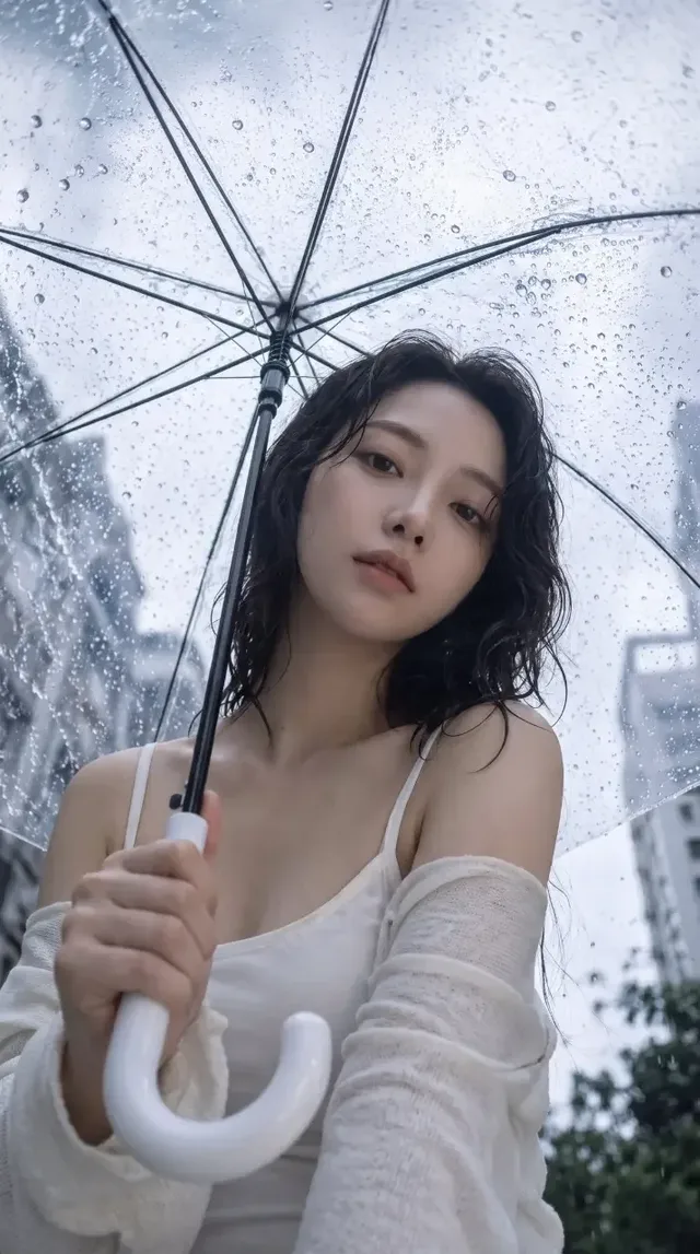 Vertical, low-angle shot of a woman from the waist up, holding a clear umbrella on a rainy city street. Her hands are enlarged and blurred in the foreground, gripping the umbrella handle.