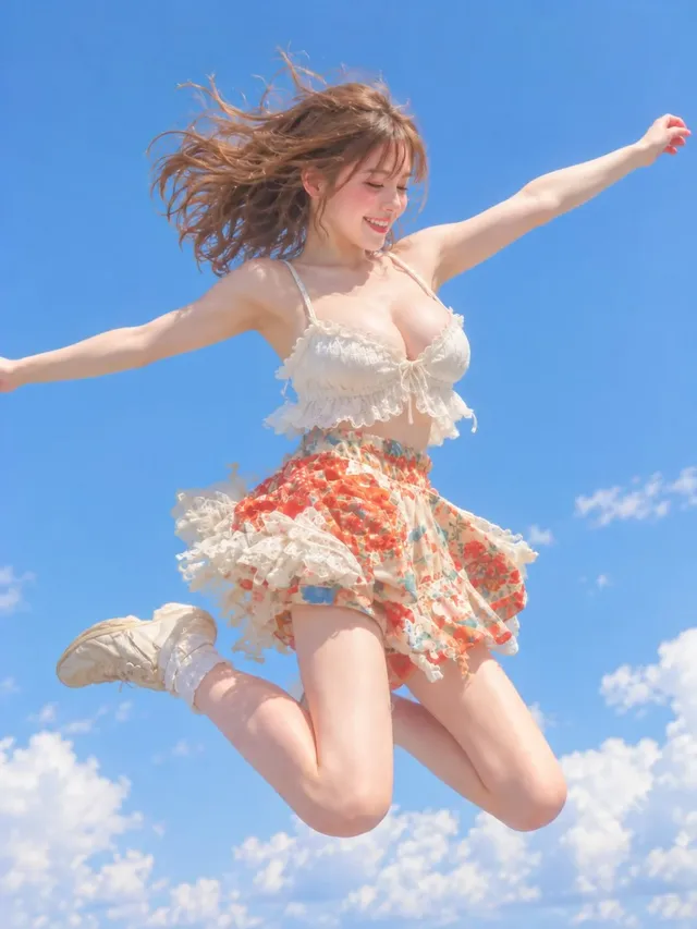 A young woman leaping joyfully against a bright blue sky with scattered clouds, hair and skirt blowing in the wind.