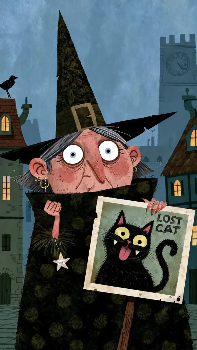 Digital storybook illustration of a comical witch holding a lost cat poster in a gothic village.