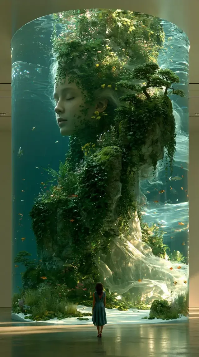 A colossal crystal clear cylindrical aquarium in a minimalist museum features a young woman seamlessly merging with a mossy rock formation, surrounded by plants and tiny fish, with volumetric sunlight.