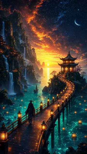 A lone robed figure walks across a long, curved, lantern-lit wooden bridge towards an ornate Asian pavilion on a rocky island, under a sky transitioning from sunset to starry night